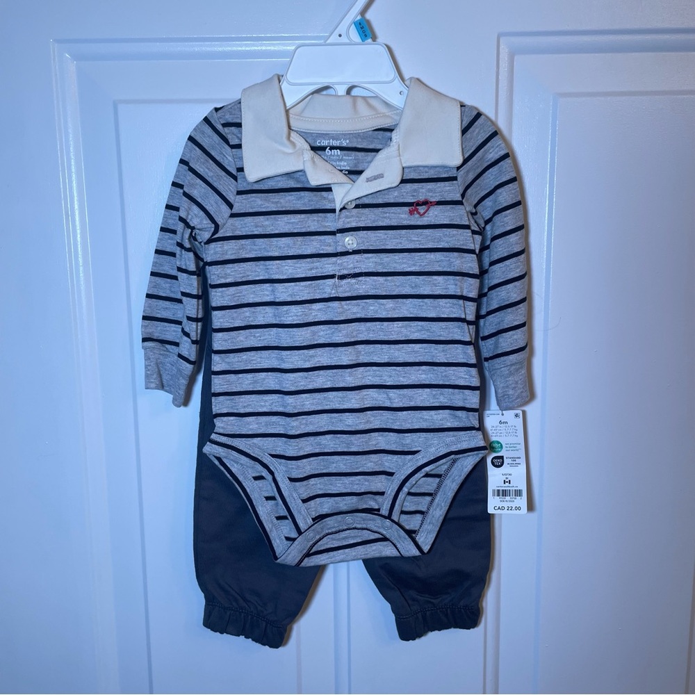 Carter's Gray Striped Bodysuit with Collar and Gray Pants Set